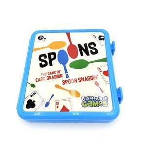PlayMonster Spoons Card Game Blue Travel Case 2025 Complete 3-6 Players Age 7+